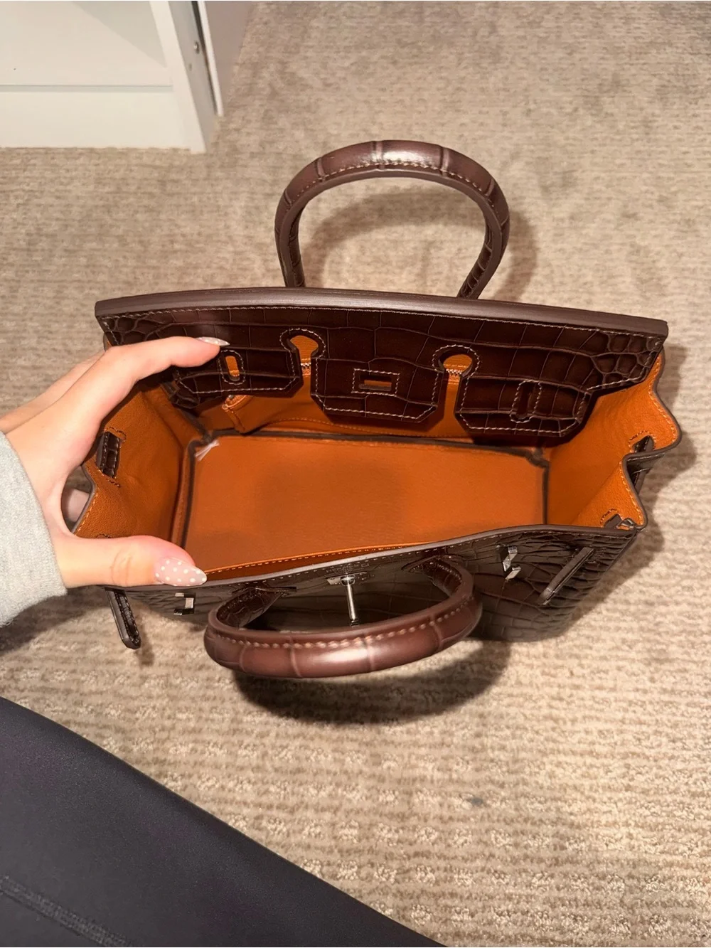 Brown Croc-Embossed Satchel-  25cm